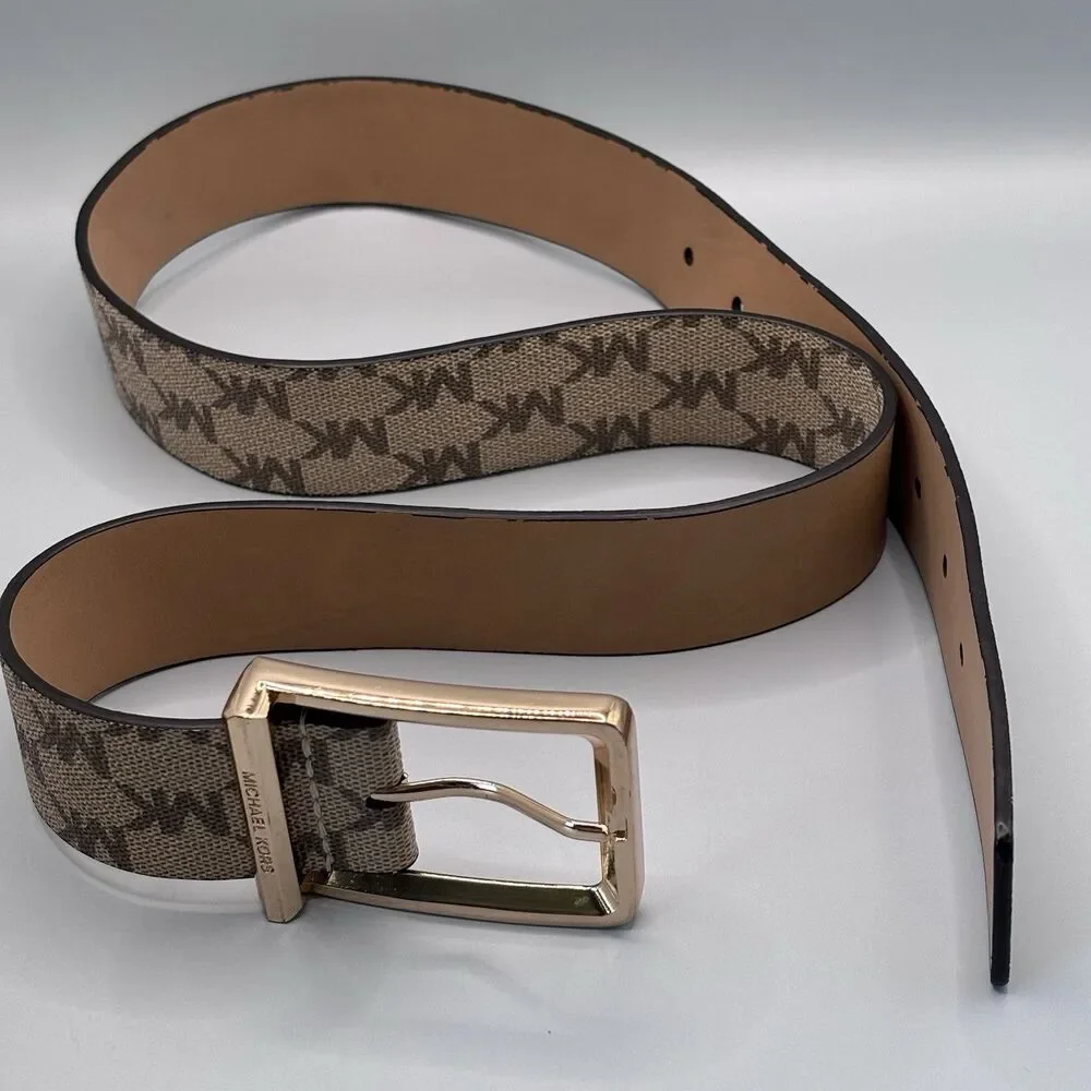 Michael Kors MK Signature Logo Belt Brown Vanilla Gold Buckle Women's Small
